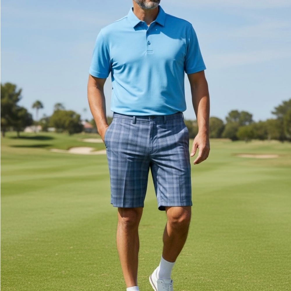 Haggar Cool 18 Pro Men’s Plaid Shorts Size 40 Stretch Flat Front Blue Gray NWT